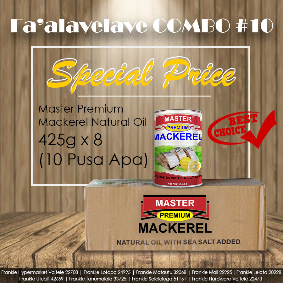 Advertisement image for Fa'alavelave Combo #10 featuring canned Master Mackerel Natural Oil and Pusa Apa with a 'Special Price' tag, displayed on a wooden background.