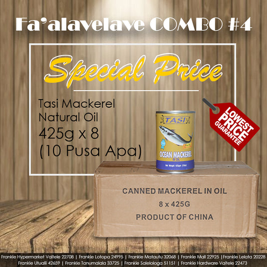 Product image for Fa'alavelave COMBO 04 featuring Tasi Mackerel Natural Oil in a cardboard box with eight cans of 425g each and ten Pusa Elegi cans, with promotional text and tags indicating it's a special price.