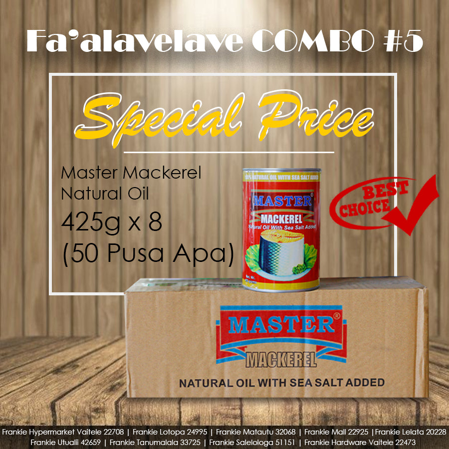 Product image for Fa'alavelave COMBO 05 featuring cans of Master Mackerel in Natural Oil and Pusa Apa on a wooden surface, indicating a special price and suggesting the product is a best choice. Product image for Fa'alavelave COMBO 05 featuring cans of Master Mackerel in Natural Oil and Pusa Apa on a wooden surface, indicating a special price and suggesting the product is a best choice.