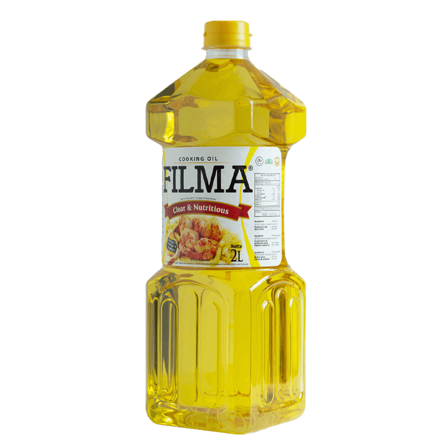 A 2-liter bottle of Filma Cooking Oil with a yellow label, clearly showing the brand name and product type. A 2-liter bottle of Filma Cooking Oil with a yellow label, clearly showing the brand name and product type.