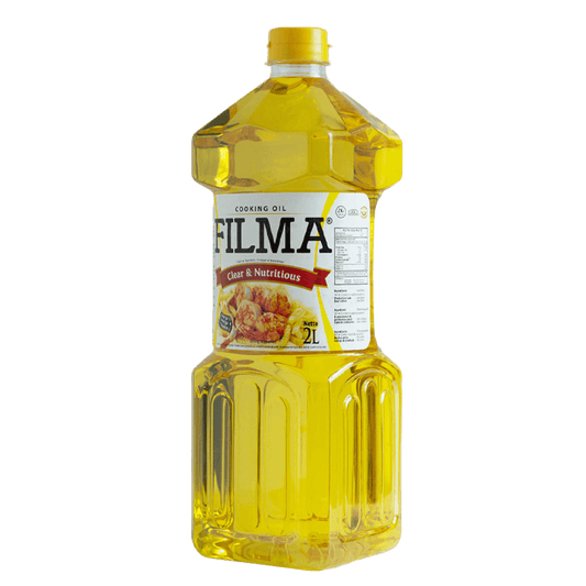 A 2-liter bottle of Filma Cooking Oil with a yellow label, clearly showing the brand name and product type.