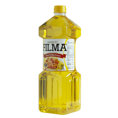 A 2-liter bottle of Filma Cooking Oil with a yellow label, clearly showing the brand name and product type. A 2-liter bottle of Filma Cooking Oil with a yellow label, clearly showing the brand name and product type.