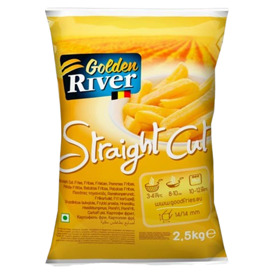 Packaging of Golden River Straight Cut French Fries featuring the product name and image of the fries, with a weight indication of 2.5kg. Packaging of Golden River Straight Cut French Fries featuring the product name and image of the fries, with a weight indication of 2.5kg.