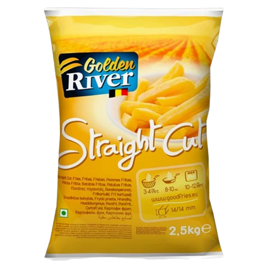 Packaging of Golden River Straight Cut French Fries featuring the product name and image of the fries, with a weight indication of 2.5kg.
