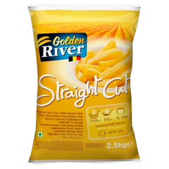 Packaging of Golden River Straight Cut French Fries featuring the product name and image of the fries, with a weight indication of 2.5kg. Packaging of Golden River Straight Cut French Fries featuring the product name and image of the fries, with a weight indication of 2.5kg.