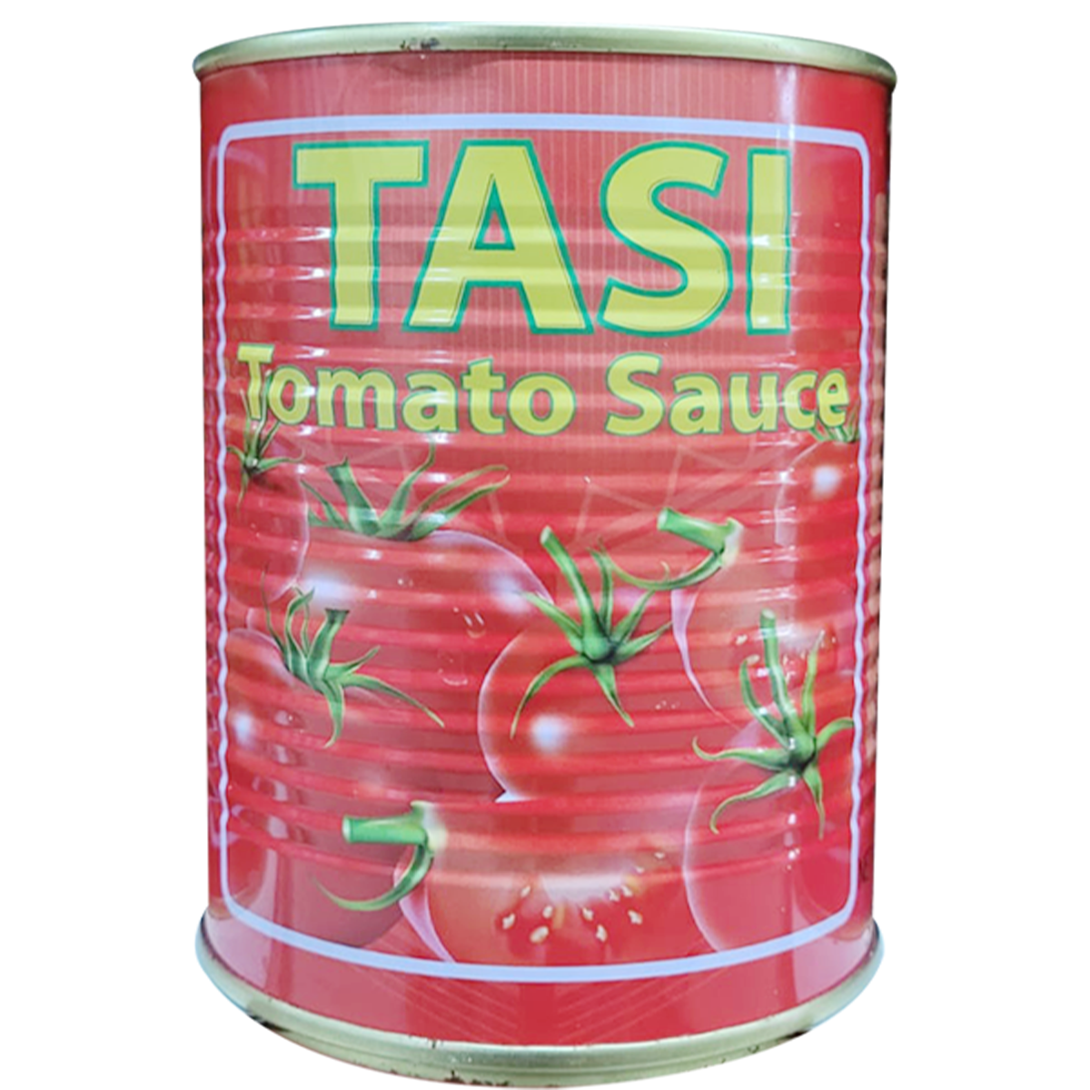 A can of TASI Tomato Sauce with a red label, featuring images of tomatoes. A can of TASI Tomato Sauce with a red label, featuring images of tomatoes.