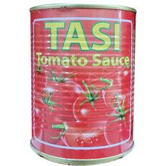 A can of TASI Tomato Sauce with a red label, featuring images of tomatoes. A can of TASI Tomato Sauce with a red label, featuring images of tomatoes.
