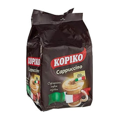 A package of Kopiko Cappuccino Coffee, showing a cup of cappuccino and the Italian flag, indicating possibly Italian-style coffee blend. A package of Kopiko Cappuccino Coffee, showing a cup of cappuccino and the Italian flag, indicating possibly Italian-style coffee blend.