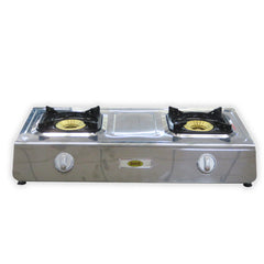A silver Samax double gas cooker with two burners and knobs for control. A silver Samax double gas cooker with two burners and knobs for control.