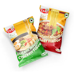 Two TASI instant noodle packages, one chicken flavor and one beef flavor, on a white background. Two TASI instant noodle packages, one chicken flavor and one beef flavor, on a white background.