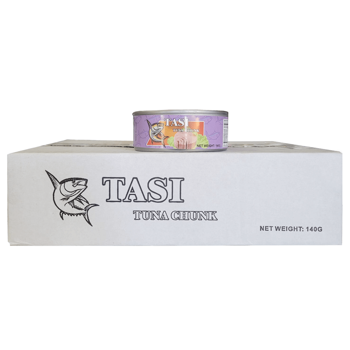 TASI tuna chunk can and packaging on a white background TASI tuna chunk can and packaging on a white background