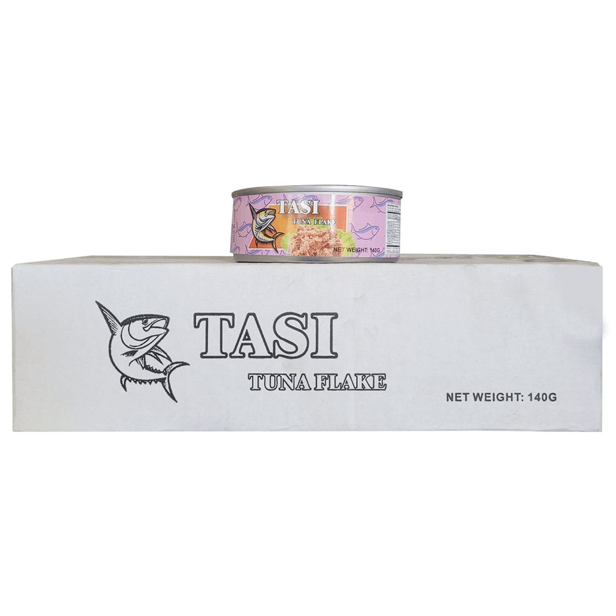TASI tuna flake can on a white block with TASI branding TASI tuna flake can on a white block with TASI branding