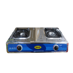 A silver Samax Gas Cooker Double GS2000 with two burners, visible knobs, and a blue brand panel. A silver Samax Gas Cooker Double GS2000 with two burners, visible knobs, and a blue brand panel.