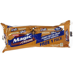 Packaging of Magic Cream Asstd Flavour 280g with vanilla, peanut butter, and chocolate flavors advertised, and a claim of 'FREE 1 PACK' offered. Packaging of Magic Cream Asstd Flavour 280g with vanilla, peanut butter, and chocolate flavors advertised, and a claim of 'FREE 1 PACK' offered.