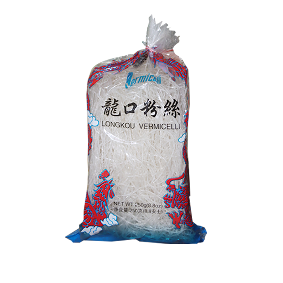 Packaged Bella B/Beans Vermicelli noodles in a transparent plastic bag with blue and red decorative elements, labeled in Chinese and English. Packaged Bella B/Beans Vermicelli noodles in a transparent plastic bag with blue and red decorative elements, labeled in Chinese and English.