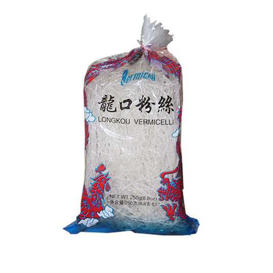 Packaged Bella B/Beans Vermicelli noodles in a transparent plastic bag with blue and red decorative elements, labeled in Chinese and English.