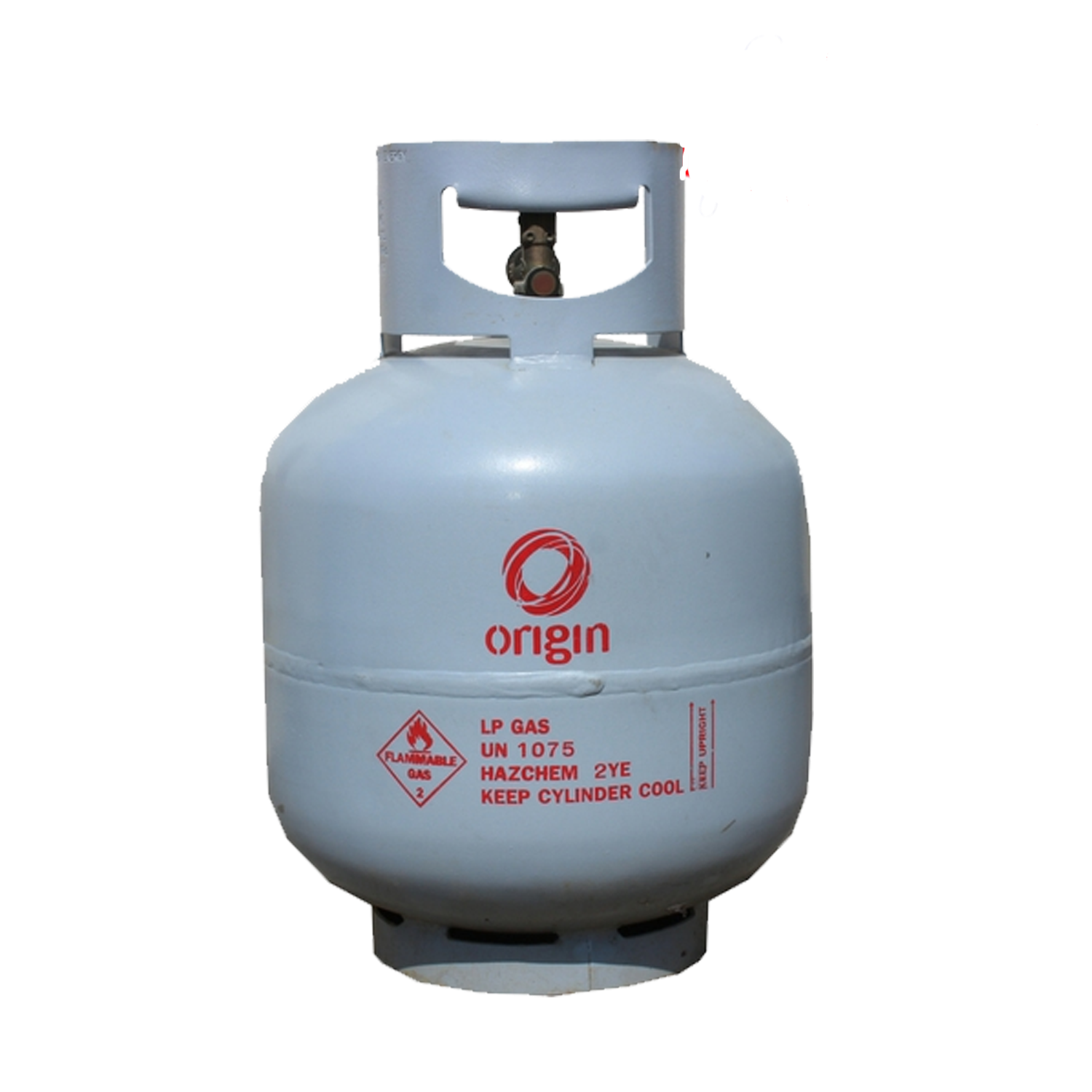 A blue Origin gas bottle with red and white labeling, indicating it is a 9kg LP gas container. A blue Origin gas bottle with red and white labeling, indicating it is a 9kg LP gas container.