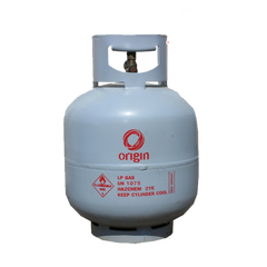A blue Origin gas bottle with red and white labeling, indicating it is a 9kg LP gas container. A blue Origin gas bottle with red and white labeling, indicating it is a 9kg LP gas container.