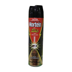A can of Mortein insecticide spray with a predominantly black label, featuring red and green text and a lightning bolt graphic. The product is labeled as 'Kill & Protect' with a caution note at the top. A can of Mortein insecticide spray with a predominantly black label, featuring red and green text and a lightning bolt graphic. The product is labeled as 'Kill & Protect' with a caution note at the top.