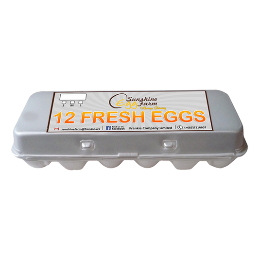 A dozen large eggs in a gray carton with the brand Sunshine Eggs displayed on the lid.