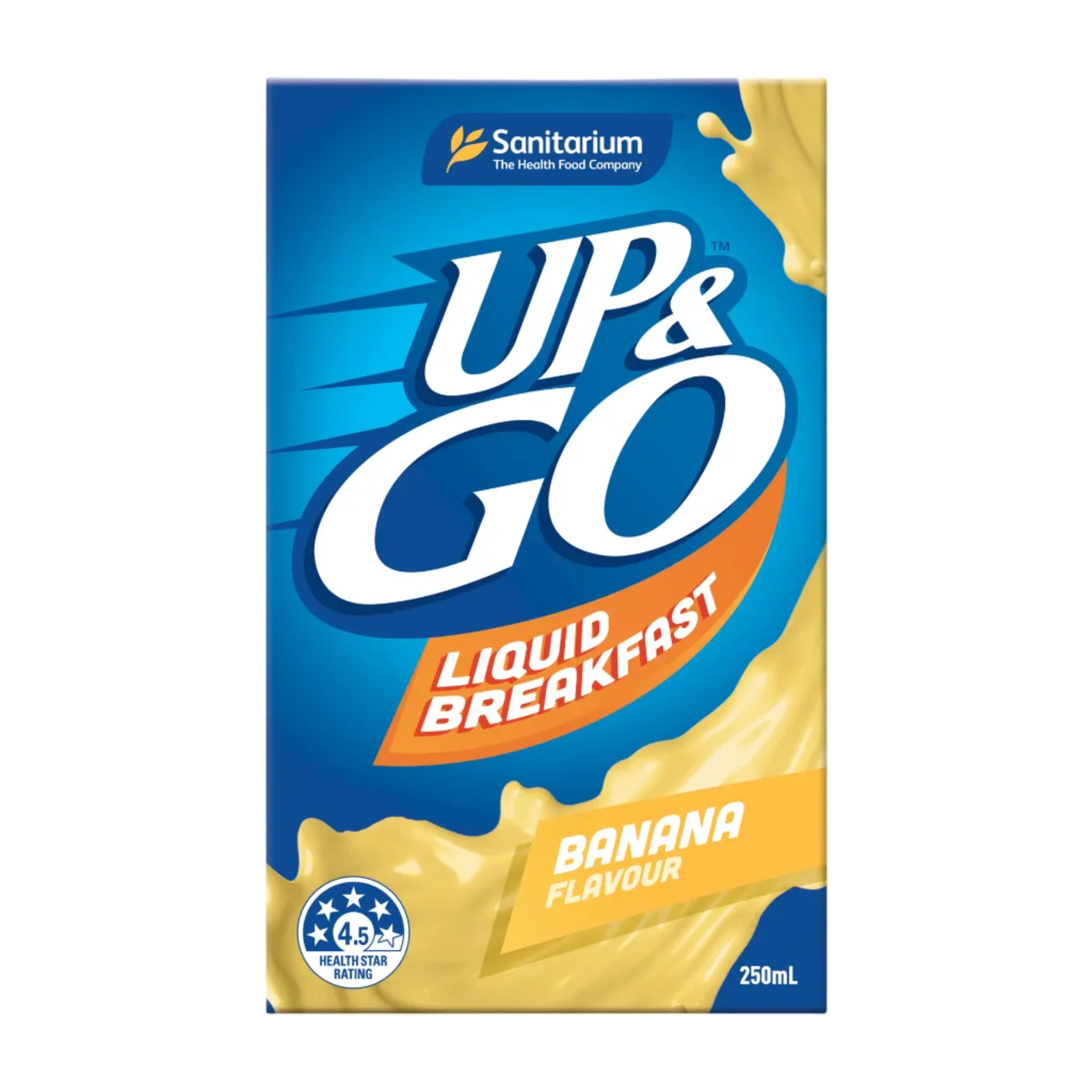 Box of Sanitarium UP&GO Liquid Breakfast in banana flavor on a white background