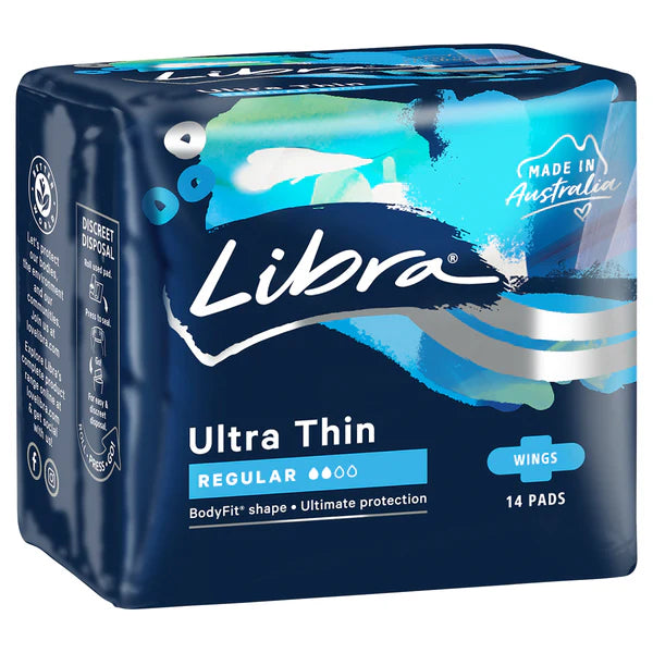 Packaging of Libra Ultra Thin Regular Wing sanitary pads with a quantity of 6 x 14 pads per pack.