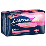 Packaging of Libra Extra Super Wings with 6 x 12's menstrual pads. The package is predominantly pink and purple with product information and branding.