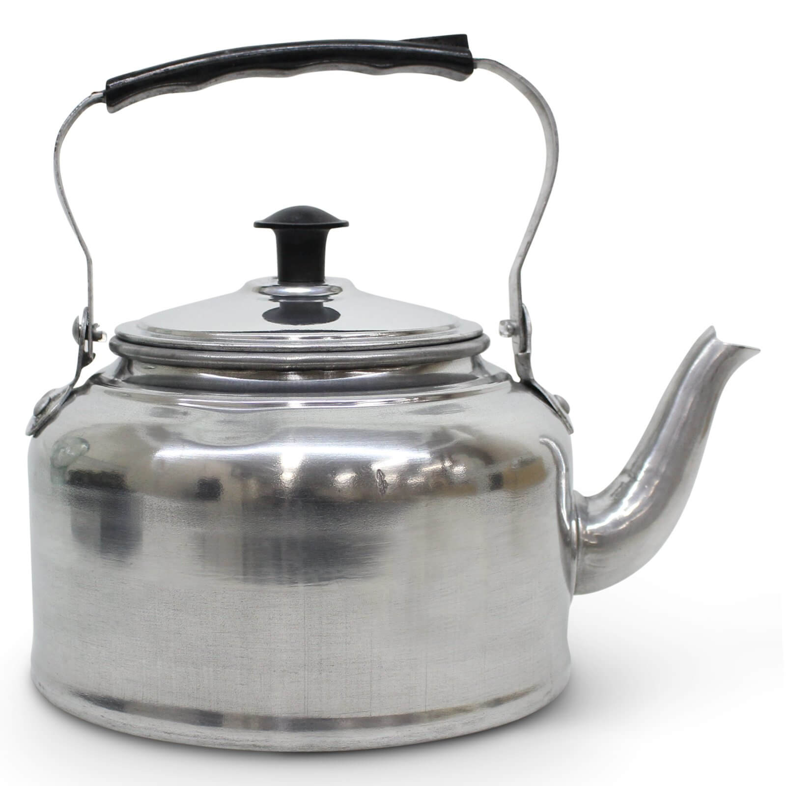 Stainless steel kettle with a black handle on a white background