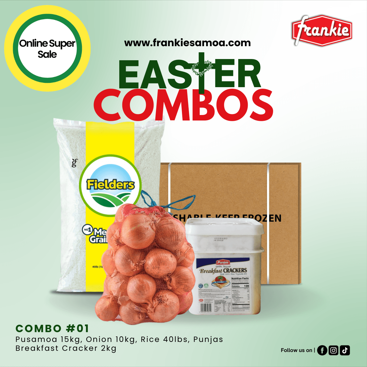 Easter Combo 01 - 1 Rice 40lbs + 1 Chicken Leg Quarter 15kg + Onion 10kg + 1 Punjas Breakfast Cracker 2kg - Frankie Supermarket