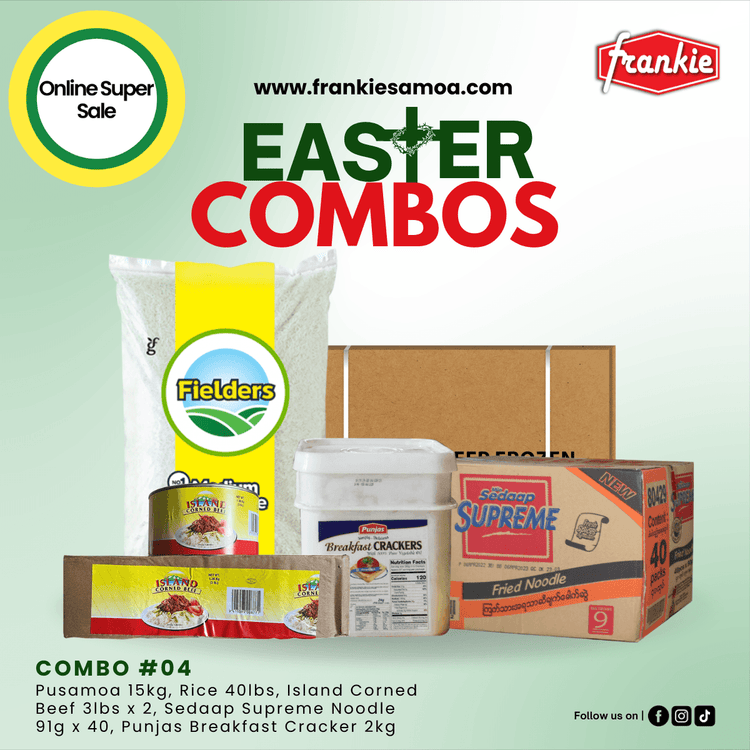 Easter Combo 04 - 1 Rice 40lbs + 1 Chicken Leg Quarter 15kg + 1 Punjas B/Crackers 2kg + 1 Sedaap Supreme Noodle 91g(40) + 1  Island Corned Beef 3lbs(2)