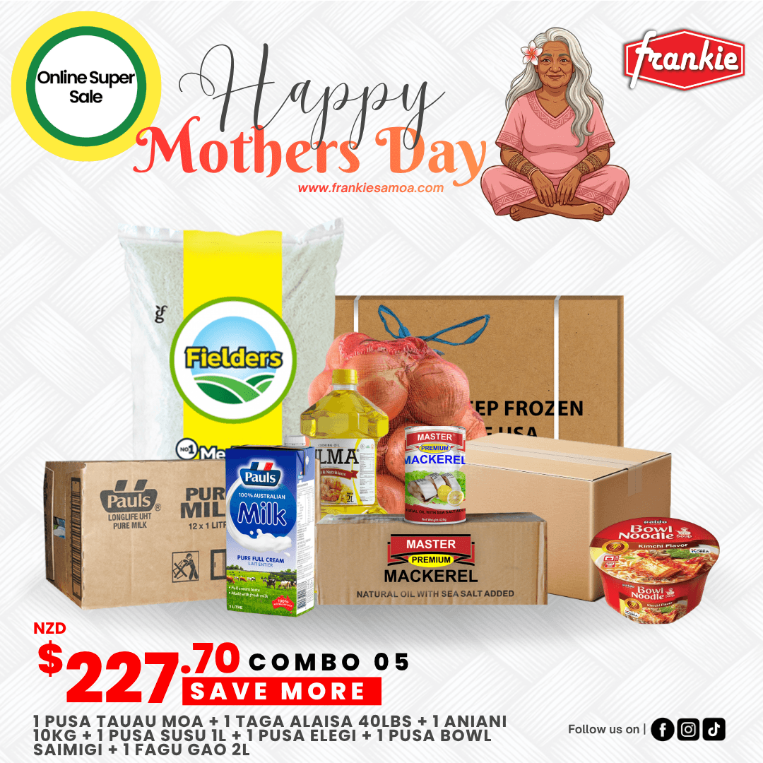 Mother's Day Combo 05 - 1 Rice 40lbs + 1 Brinks Chicken Nibbles 12kg + 1 Filma Cooking Oil 2L + 1 Master Prem Mackerel N/Oil 425g(8) + 1 Pauls Milk Pure 1L(12) + Onion 10kg