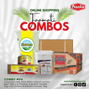 Fa'amati Combo 04 - 1 Rice 40lbs + 1 Chicken Leg Quarter 15kg + 1 Punjas B/Crackers 2kg + 1 Master Premium 425g(8) + 1 Sedaap Supreme Noodle 91g(40) + 1  Island Corned Beef 3lbs(2) - Frankie Supermarket