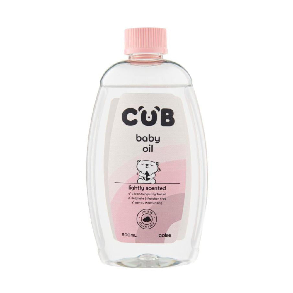 CöŇ baby oil bottle with pink cap on a white background
