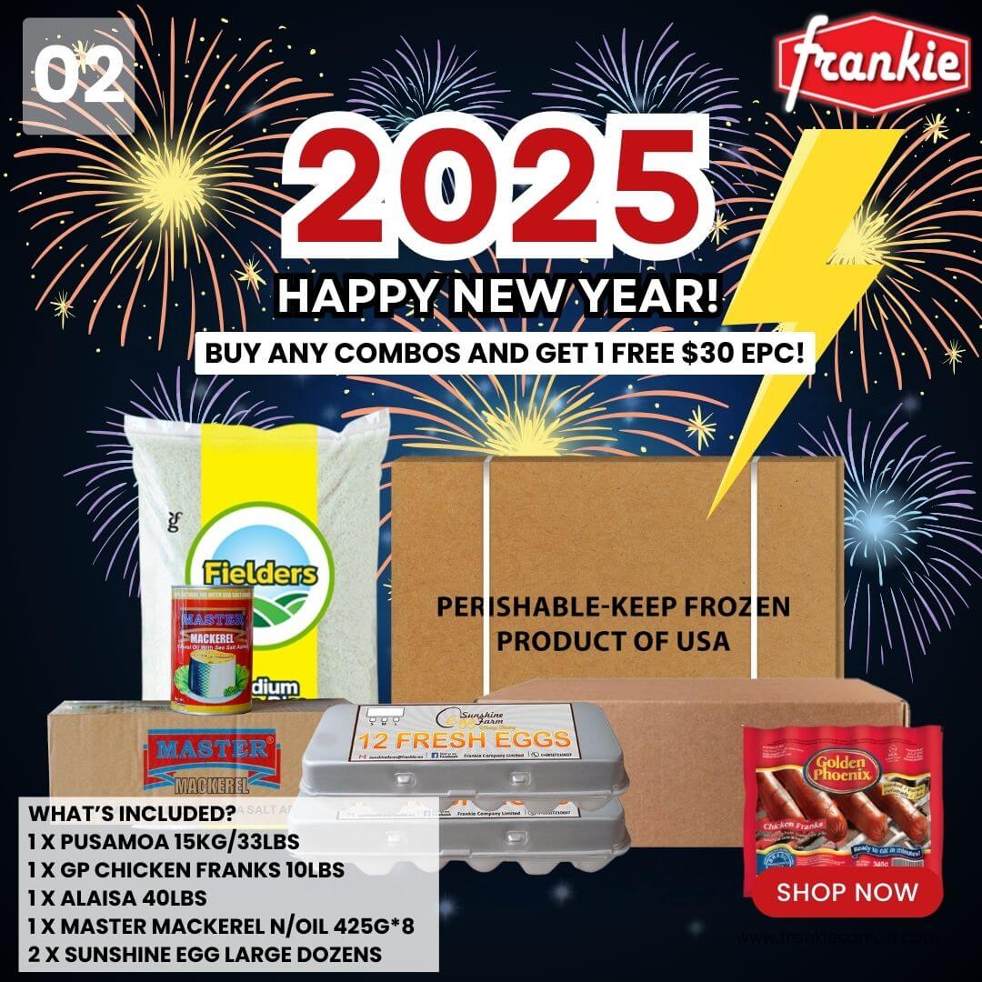 NEW YEAR COMBO #2 - Rice 40lbs + Chicken Leg Quarter 15kg/33lbs + Master Mackerel N/Oil 425g*8 + GP Brazilian Chicken Franks 340g x 24 + 2 Sunshine Egg Large Doz - Free $30 EPC Cash Power