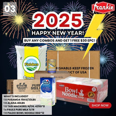 NEW YEAR COMBO #3 - Rice 40lbs + Chicken Leg Quarter 15kg/33lbs + Pauls Pure Milk 1ltr*12 + Tasi Mackerel N/Oil 425g*8 + Paldo Bowl Noodle 86g*12 - Free $30 EPC Cash Power