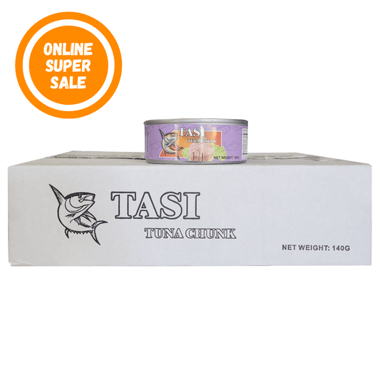 TASI tuna chunk packaging with a can on top and 'Online Super Sale' label.