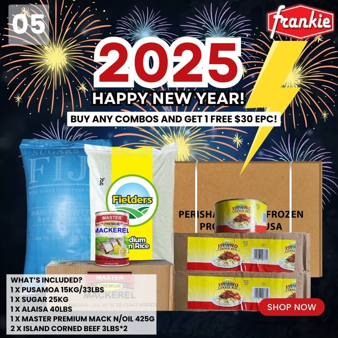 NEW YEAR COMBO #5 - Rice 40lbs + Chicken Leg Quarter 15kg/33lbs + Sugar 25kg + 2 Island Corned Beef 3lbs*2 + Master Premium Mackerel N/Oil 425g - Free $30 EPC Cash Power