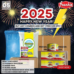 NEW YEAR COMBO #5 - Rice 40lbs + Chicken Leg Quarter 15kg/33lbs + Sugar 25kg + 2 Island Corned Beef 3lbs*2 + Master Premium Mackerel N/Oil 425g - Free $30 EPC Cash Power