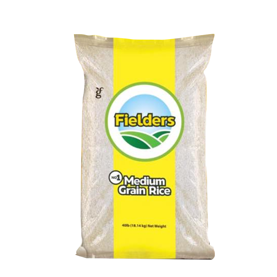 A package of Goodman Fielders medium grain rice, 40 pounds, with a yellow and green label.