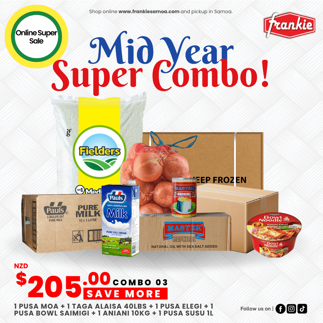 MID YEAR COMBO 03 - 1 Rice 40lbs + 1 Chicken Leg 15kg + Onion 10kg + 1 Master Mackerel N/Oil 425g(8) + 1 Pauls Pure Milk 1L(12) + 1 Paldo Bowl Noodle 86g(12)