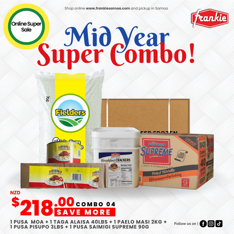 MID YEAR COMBO 04 - 1 Rice 40lbs + 1 Chicken Leg 15kg + 1 Punjas B/Crackers 2kg + 1 Sedaap Supreme Noodle 91g(40) + 1  Island Corned Beef 3lbs(2)