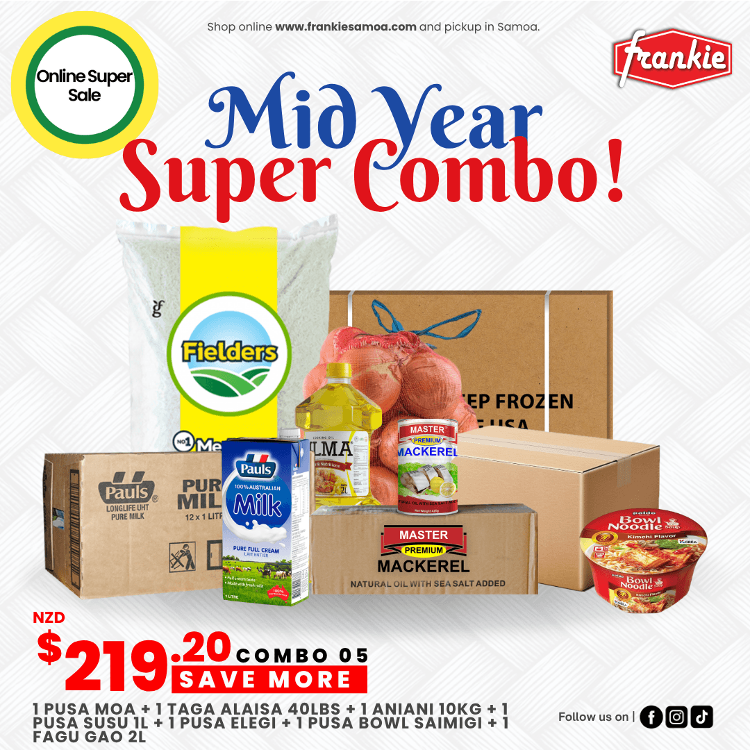 MID YEAR COMBO 05 - 1 Rice 40lbs + 1 Chicken Leg 15kg + 1 Filma Cooking Oil 2L + 1 Master Prem Mackerel N/Oil 425g(8) + 1 Pauls Milk Pure 1L(12) + Onion 10kg