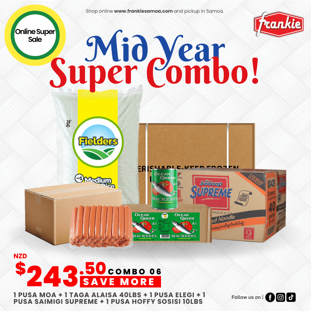 MID YEAR COMBO 06 - 1 Rice 40lbs + 1 Chicken Leg 15kg + Hoffy Chicken Franks Sausage 10lbs + 1 Ocean Queen in Tomato 425g(8) + 1 Sedaap Supreme Noodle 91g(40)