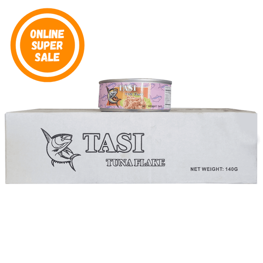 TASI tuna flake can on a white stand with an 'Online Super Sale' label.