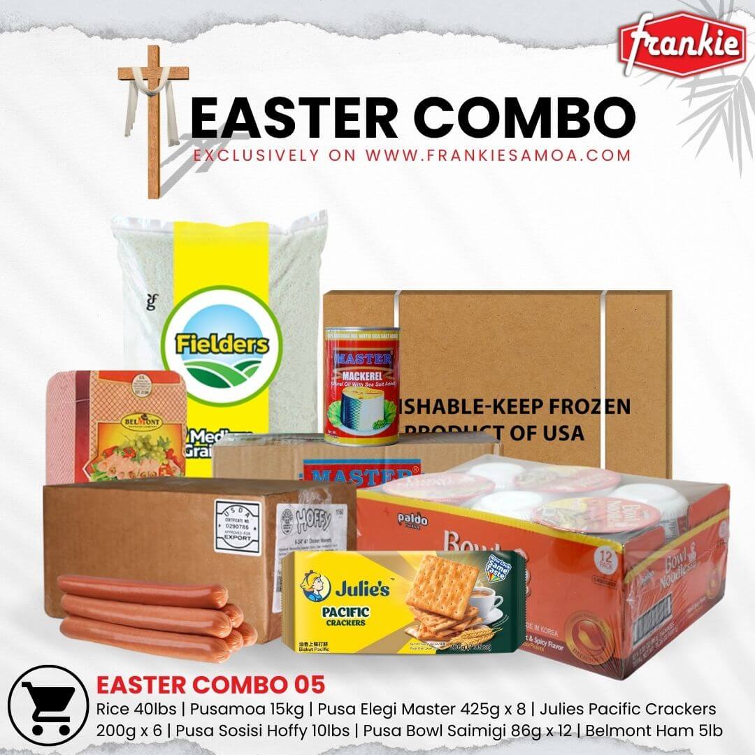 EASTER COMBO 05 - Rice 40lbs | Chicken Leg 15kg | Belmont Chopped Ham 5lbs | Master Mackerel Natural Oil 425g x 8 | Paldo Bowl Noodle 86g x 12 | Hoffy Chicken Franks Sausage 10lbs | Julies Pacific Crackers 200g x 6