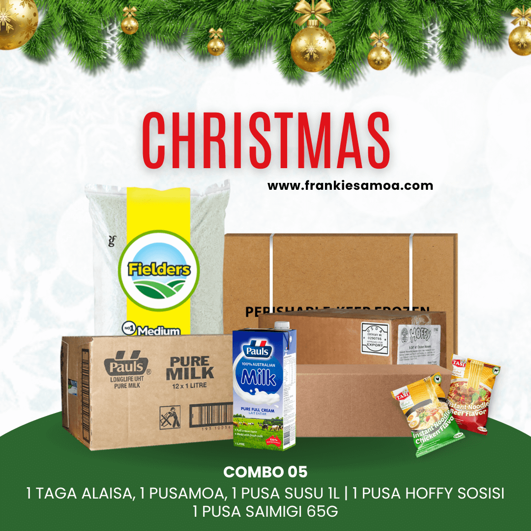 Christmas Combo 05 - 1 Rice 40lbs + 1 Chicken Leg Quarter 15kg + 1 Pauls Milk Pure 1l/12 + 1 LLL Instant Noodle 65g/24 + Hoffy Chicken Franks Sausage 10lbs