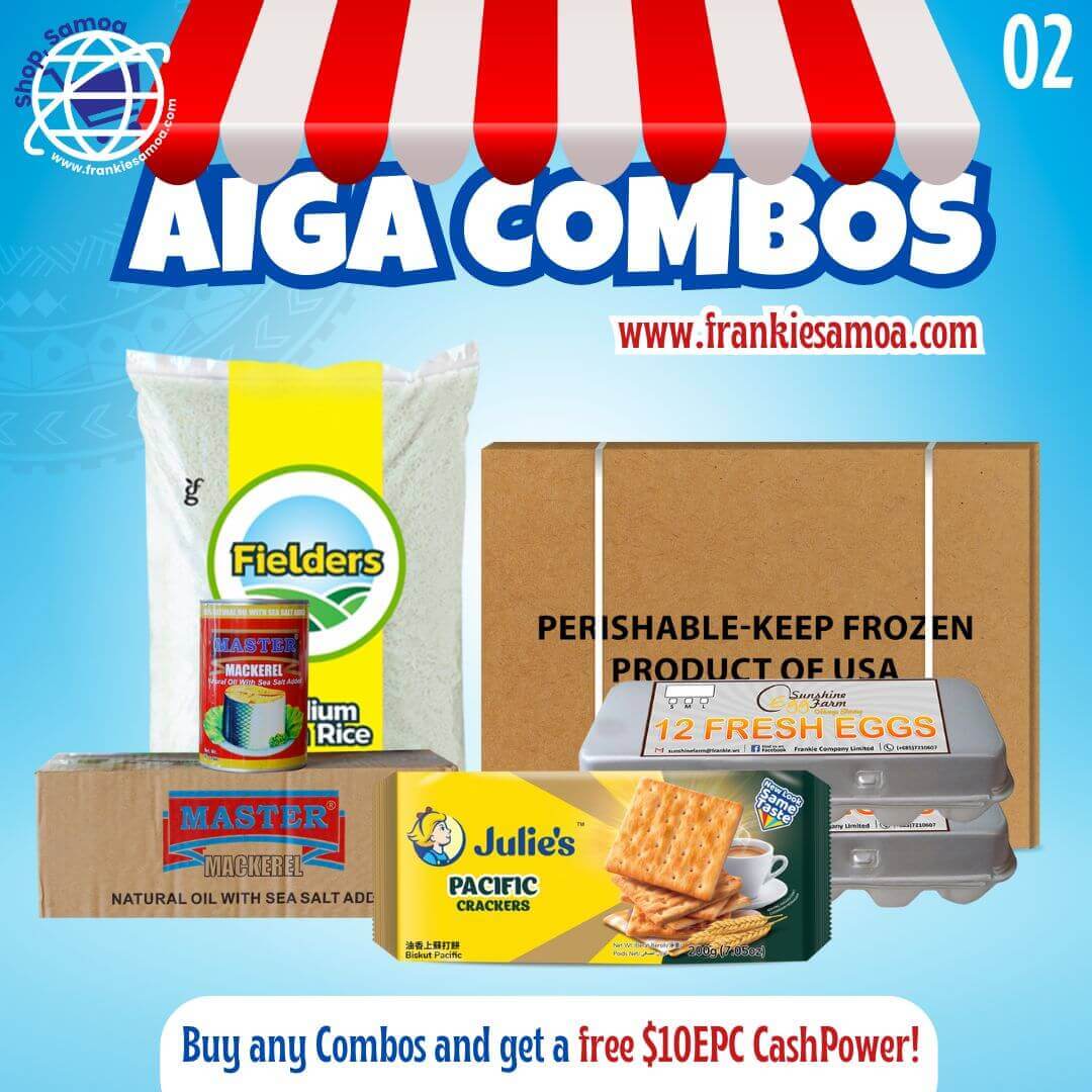 AIGA COMBO #2 - Rice 40lbs + Chicken Leg Quarter 15kg/33lbs + Master Mackerel N/Oil 425g*8 + 6 Julies Pacific Crackers 200g + 2 Sunshine Egg Large Doz - Free $10 EPC Cash Power