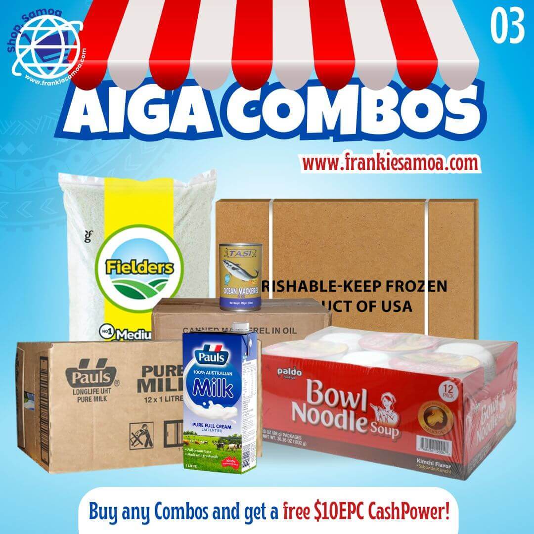 AIGA COMBO #3 - Rice 40lbs + Chicken Leg Quarter 15kg/33lbs + Pauls Pure Milk 1ltr*12 + Tasi Mackerel N/Oil 425g*8 + Paldo Bowl Noodle 86g*12 - Free $10 EPC Cash Power