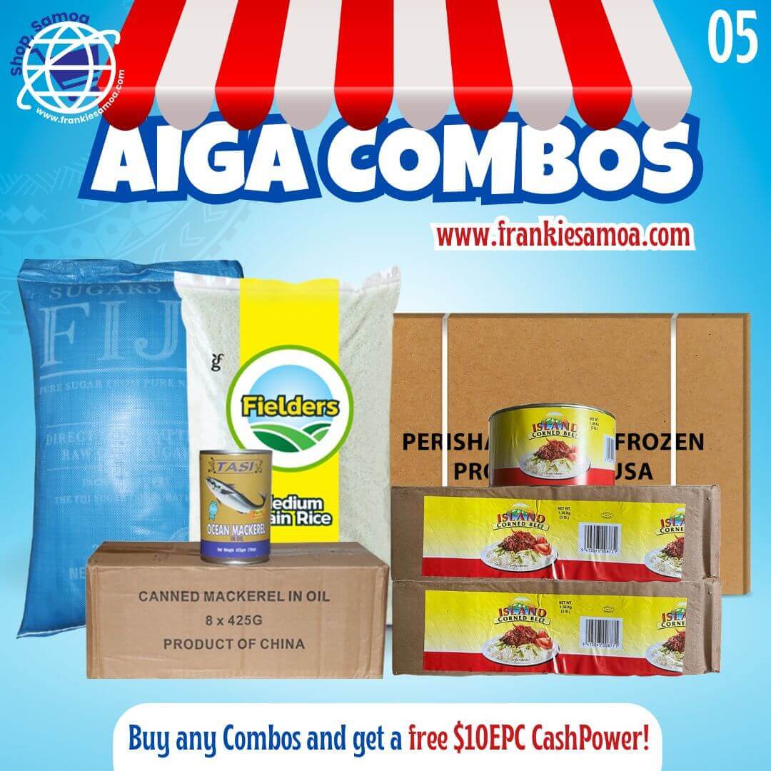 AIGA COMBO #5 - Rice 40lbs + Chicken Leg Quarter 15kg/33lbs + Sugar 25kg + 2 Island Corned Beef 3lbs*2 + Tasi Mackerel N/Oil 425g - Free $10 EPC Cash Power