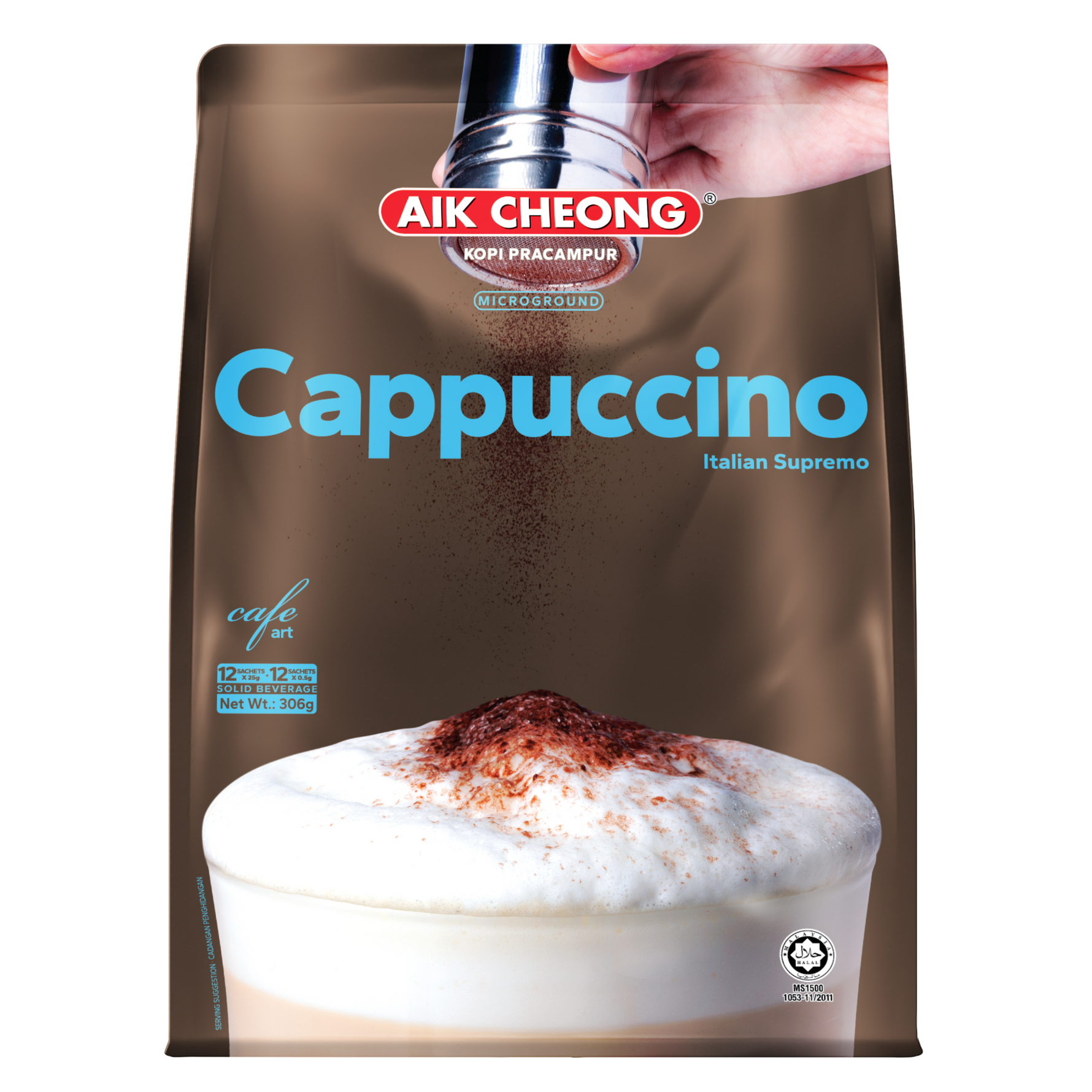 A pack of AIK Cheong White Cappuccino with a picture of a cup of cappuccino on the front.